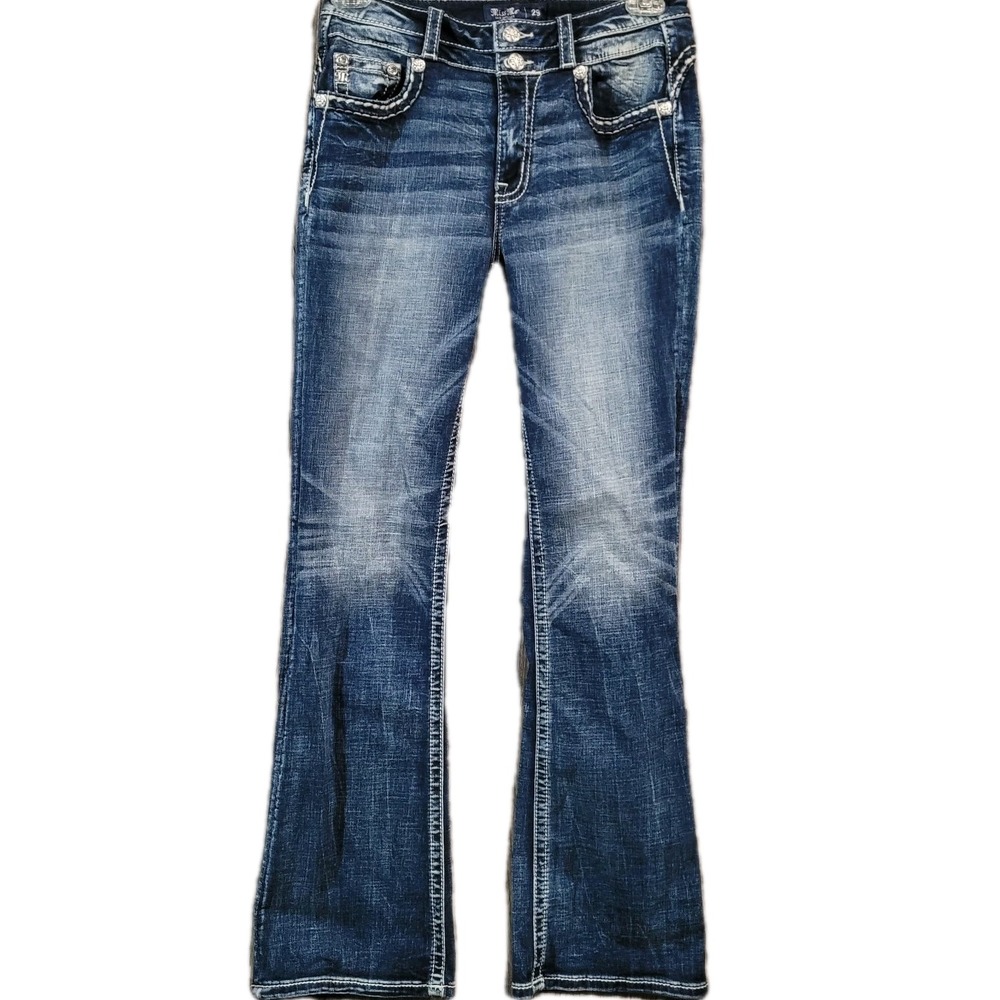 Miss Me Thick Stitch Bootcut Jeans Size 29 x 32 Faded Dark Wash Embellished